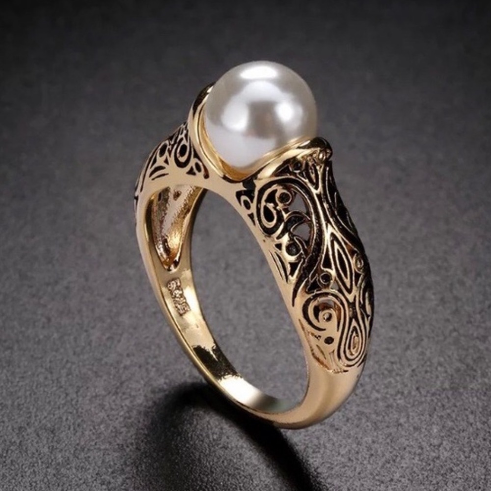 Gold Filigree Pearl Ring for Women - Classic White Pearl Accent